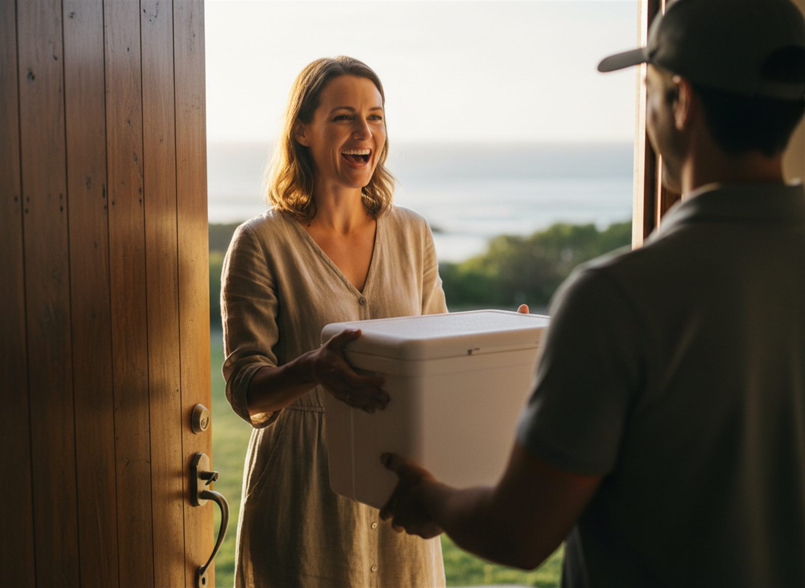 Patient receiving a cold-chain delivery at her front door